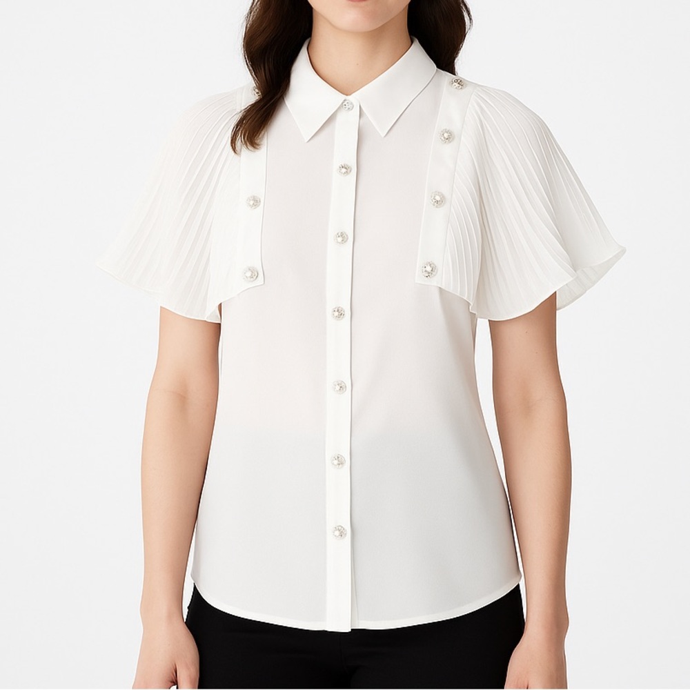 A.Z.I. NY XS White Pearl Button Blouse with Pleated Cape Sleeves NWT